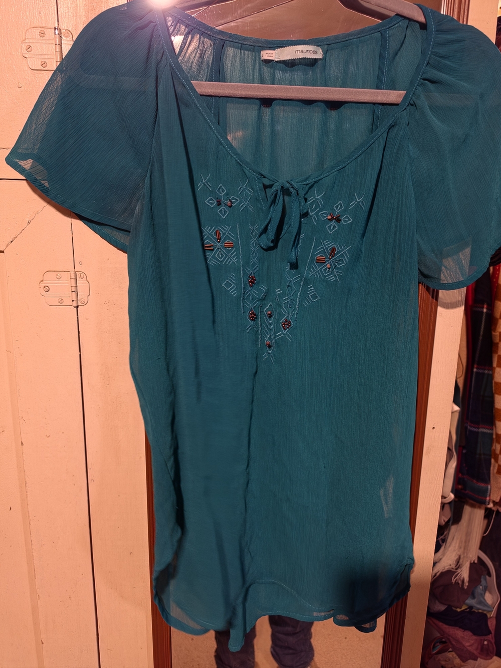 Maurices Green Embroidered Short-Sleeve Blouse